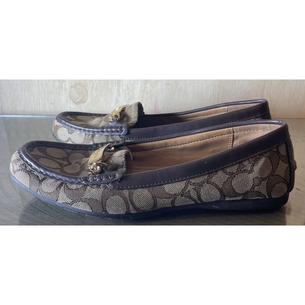 Coach womens 9.5 Loafers shoes flats Jacquard Brown slip on signature - Picture 2 of 6